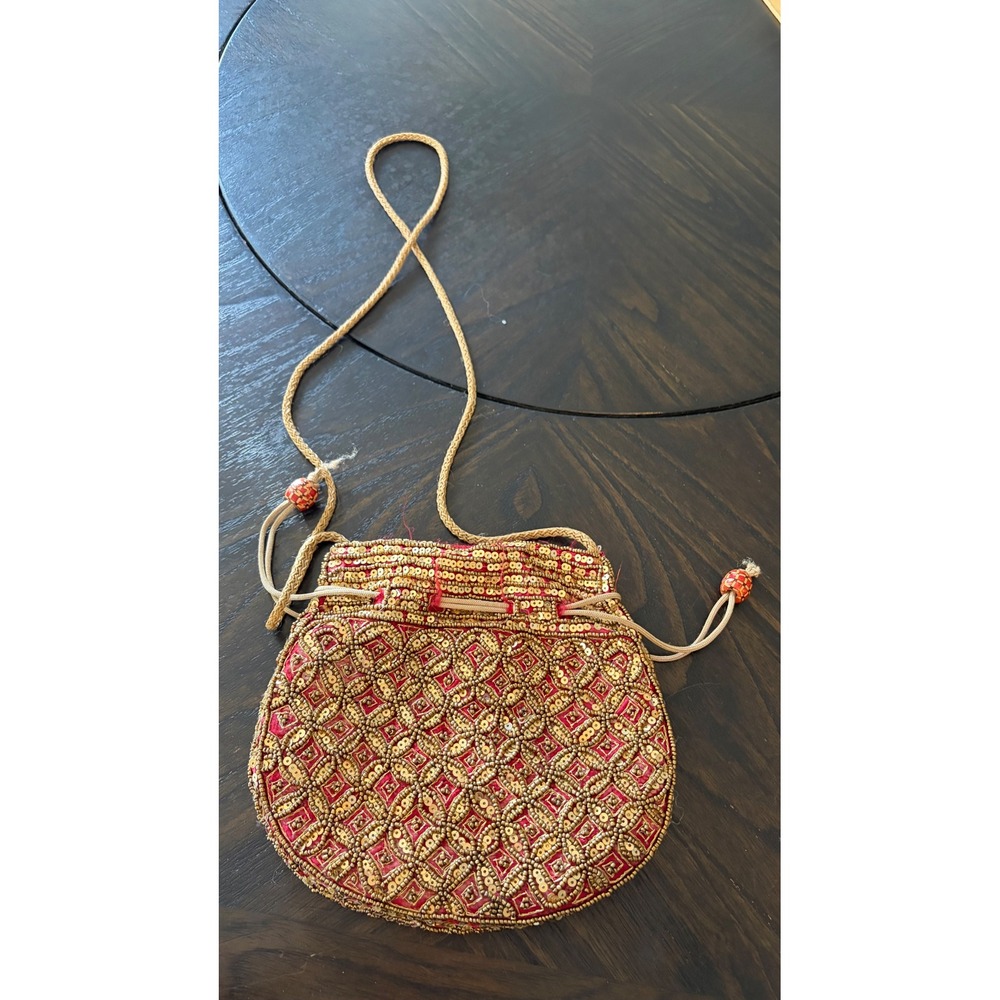 Drawstring Pouch Bag Women Small Red Gold Good Beaded Sequin Ethnic